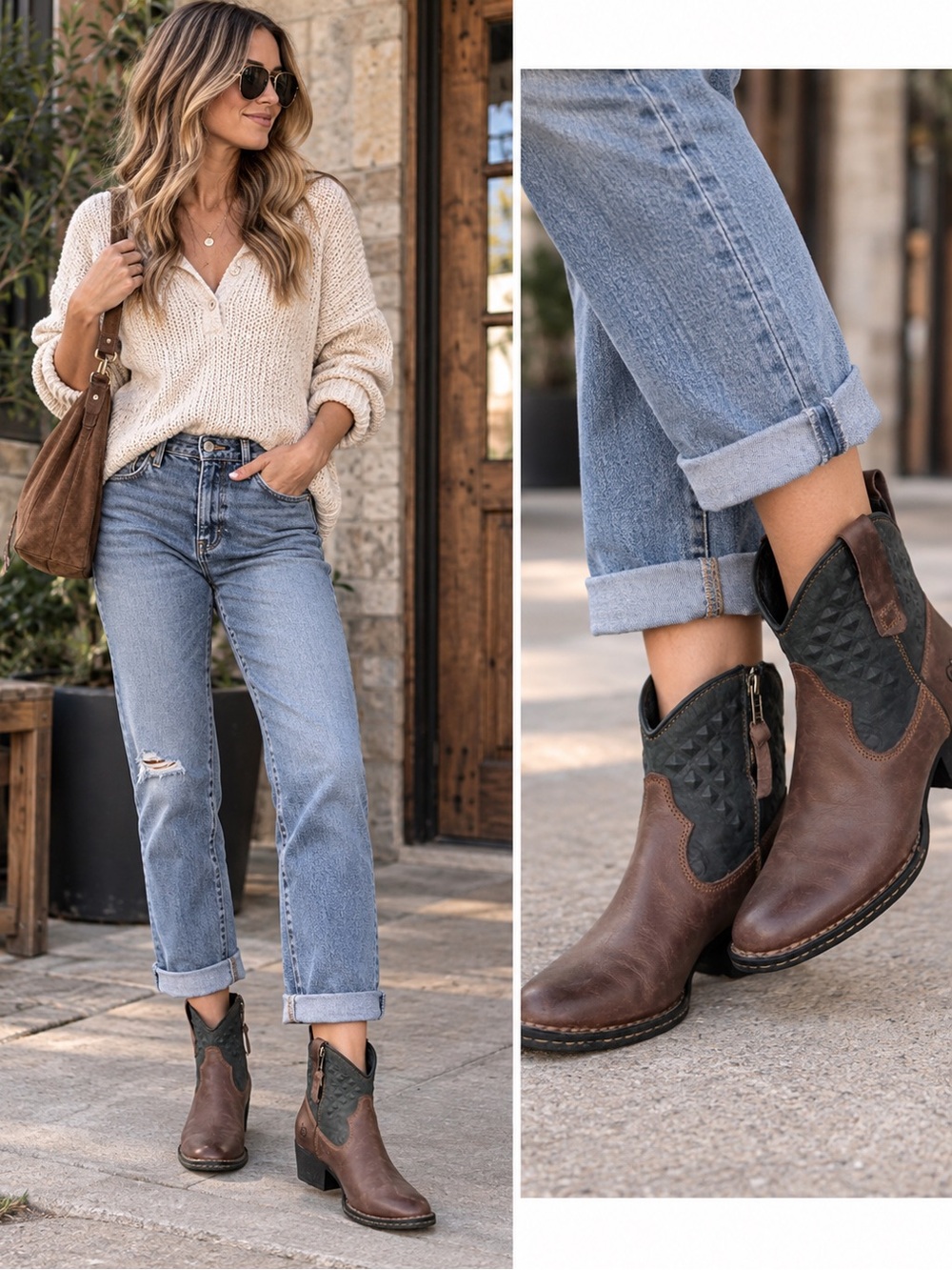 Born Jin Brown Textured western ankle leather cowboy boots brown black 6